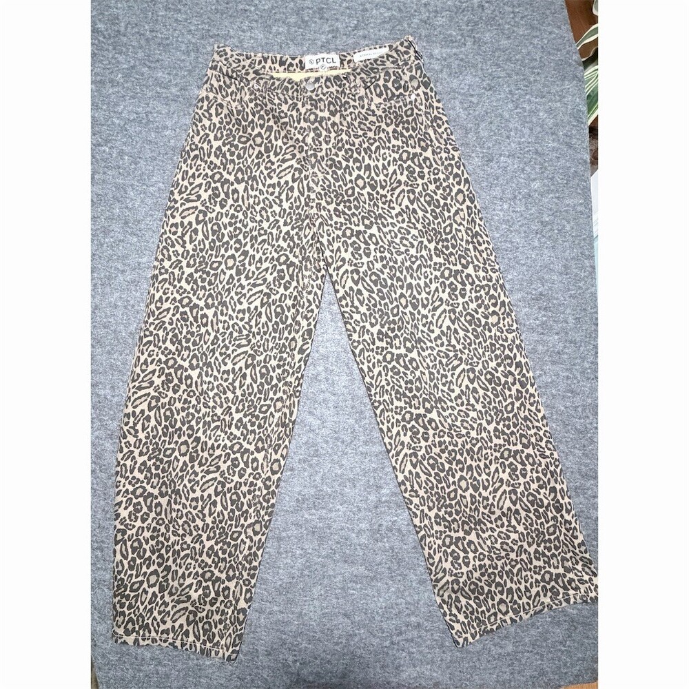 PTCL Leopard Print Wide-Leg Stretch Jeans Womens 31W High Rise Beige